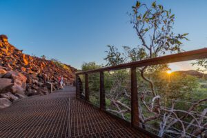 Murujuga rock art boardwalk at sunset